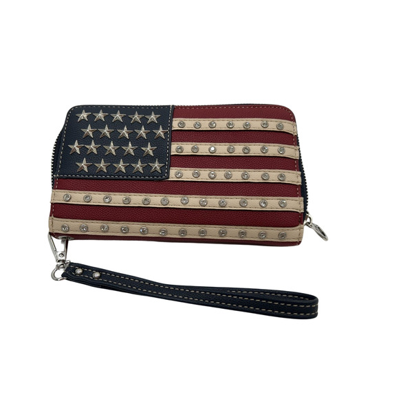 Montana West American Flag Studded Full Zip Wallet Wristlet Clutch - Picture 1 of 8